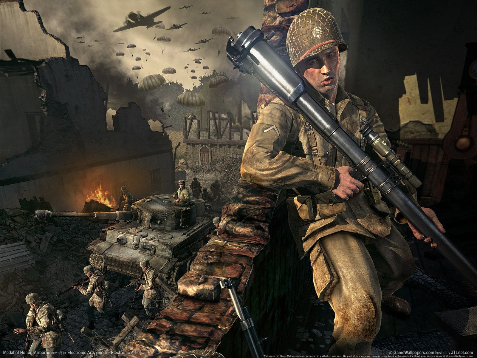 Warrior soldier holding a rocket launcher in a war-torn battlefield with tanks and soldiers.